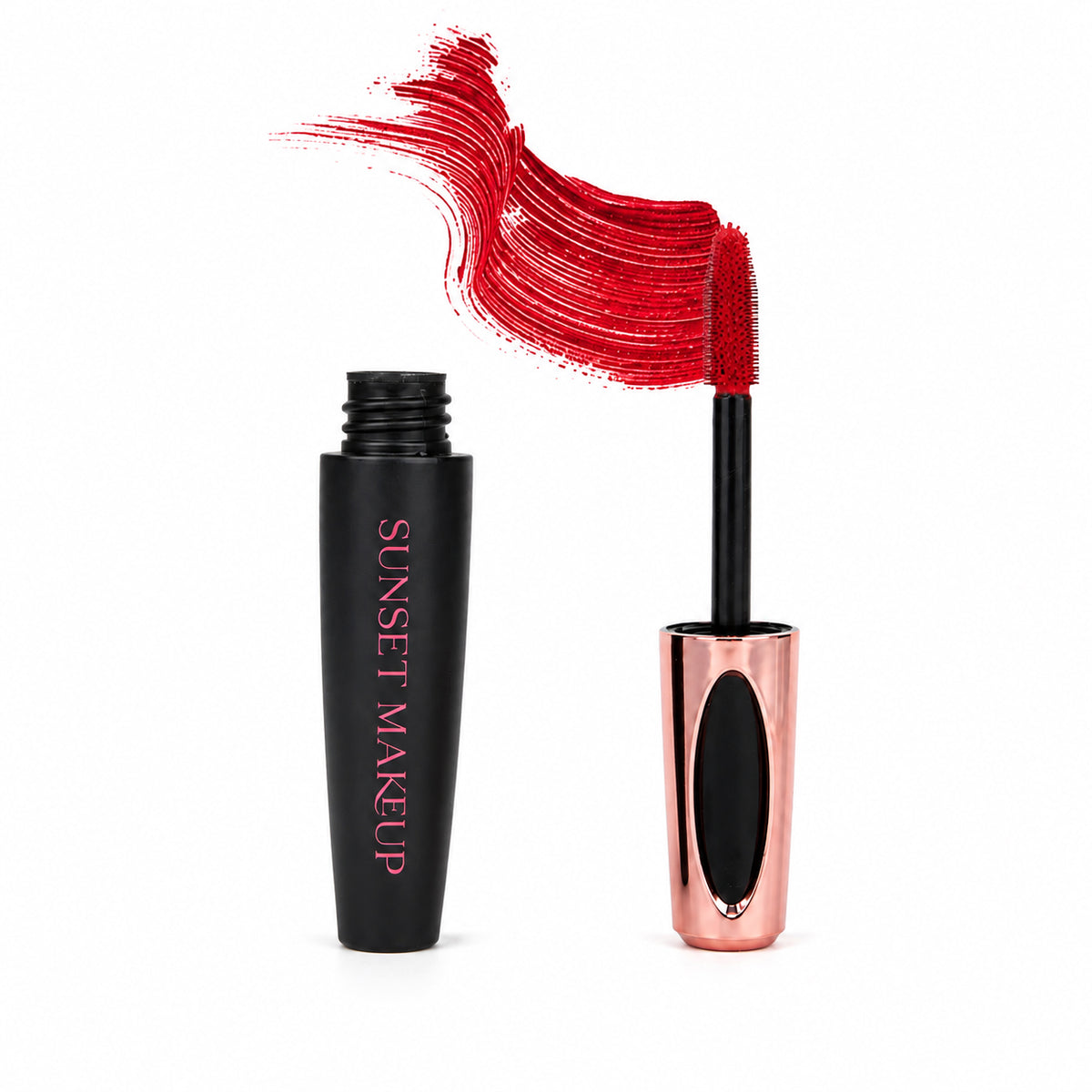 Sunset Makeup red colorful mascara with a matching wand and product swatch.