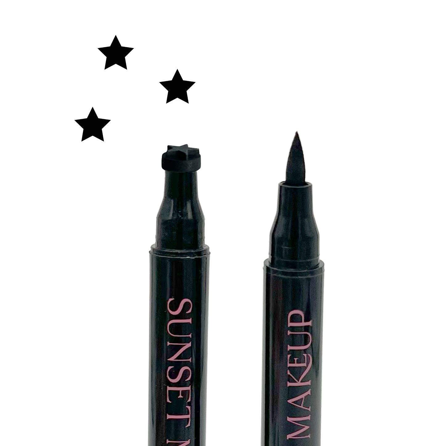 Two black Sunset Makeup star stamp eyeliner applicators displayed on a white background with a black star stamp impression.